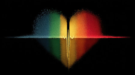 A heart shape composed of segmented colorful sections is displayed against a dark background. The image showcases a visual contrast between the colors and the darkness. Suitable for designs requiring elements of love, creativity, or abstract concepts. This could be used for digital art, graphic design, or promotional materials.の素材