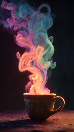 A ceramic cup emits vibrant, swirling smoke in shades of pink, orange, and blue. The dynamic composition against a dark backdrop creates a visually striking image. The image could be used for illustrating concepts of creativity, warmth, and fantasy. Suitable for various design projects and commercial applications.の素材