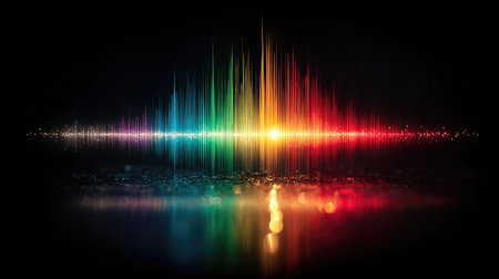 A vibrant sound wave is displayed against a dark background. Various colors, including red, green, yellow, and blue, create a spectrum of light. The composition features reflection, suggesting a surface below the waves. This image could be used in design, technology, or advertising content.の素材