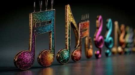A collection of colorful musical notes is presented, showcasing a variety of tones and styles. The notes are rendered with a glittery texture against a dark backdrop. The composition suggests a focus on music and creativity, suitable for various design projects. The image could be utilized for editorial or commercial purposes.の素材