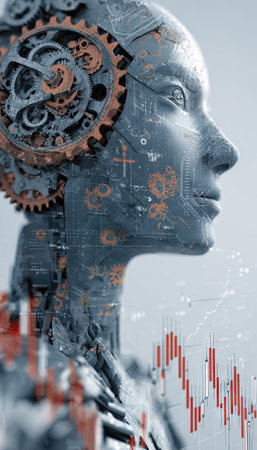 A detailed artwork depicts a cyborg portrait with intricate gear elements and a visual data representation. The artwork is characterized by a cool color palette, metallic textures, and a profile view. The image suggests themes of technology, artificial intelligence, and progress, suitable for editorial and commercial applications.の素材
