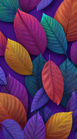 This vibrant image presents a collection of stylized leaves in various colors, including purple, green, red, and yellow. The detailed illustration showcases a close-up view with soft lighting and a high level of detail. It's ideal for a range of commercial uses, such as decorative backgrounds.の素材