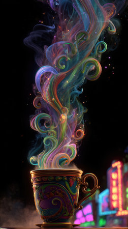 An elaborately decorated coffee cup emits vibrant, swirling smoke in an array of colors. The composition features dramatic lighting and contrasting dark backdrop. This visual creates a fantastical and artistic scene suitable for conceptual projects and could be used in advertising or design contexts.の素材