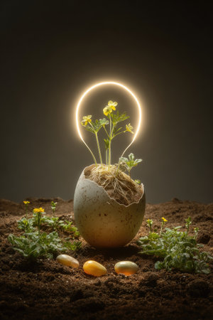 A creative composition features a cracked egg with a plant growing inside. A luminous circle forms a halo above, creating a lightbulb effect. The scene is set on a surface of soil. This image is suitable for creative projects, conceptual design and illustrative uses.の素材