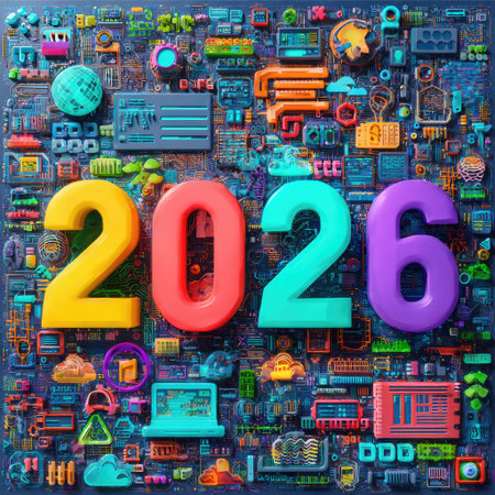 The image presents the year 2026 in vibrant, multi-colored numerals set against a complex backdrop. It showcases a dense arrangement of digital technology icons and elements. The composition utilizes bright colors and an illustrative style, suggesting an abstract, futuristic theme. Suitable for various commercial uses, including presentations or marketing materials.の素材