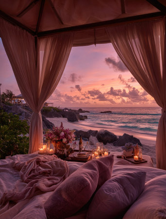 The image shows a gazebo interior with a view of the ocean at dusk. Soft curtains frame the vista, revealing the sea under a colorful sky. The scene features pillows, candles, and floral decorations, with a blurred background suggesting a coastal environment. It is suitable for various commercial projects related to travel or lifestyle.の素材