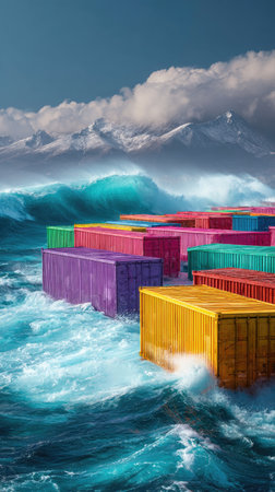 Brightly colored shipping containers are afloat in turbulent ocean waters. The scene displays waves, clouds, and mountains in the background, suggesting a dynamic maritime environment. The composition features various hues with notable texture in the water and sky, with potential uses in transport, logistics, or economic imagery.の素材