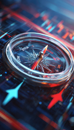 A close-up image features a compass set against a detailed digital background. The compass has a metallic appearance, with a red needle pointing. The scene uses a vibrant color palette of red, blue, and other colors. This image may be suitable for illustrating concepts of guidance and progress for diverse applications.の素材