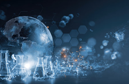 This image showcases laboratory flasks set against a backdrop of a digitally rendered globe and abstract molecular structures. The composition uses cool blue tones with bright highlights suggesting scientific research. The design could be useful for projects related to technology, environmental science, or pharmaceutical applications.の素材