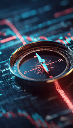 A detailed compass rests upon a dark, patterned surface, with glowing lines creating a sense of depth. The close-up shot features metallic textures and vibrant red and blue hues, suggesting an abstract, possibly digital, setting. This imagery could be used in various projects related to finance, direction, or strategic planning.の素材