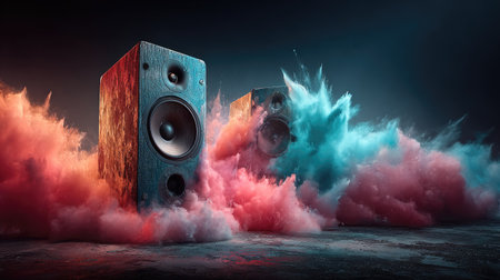 Two audio speakers are depicted, surrounded by vibrant explosions of pink and blue cloud-like forms. The visual composition highlights dynamic energy against a dark background. Suitable for abstract concepts such as sound, technology, music, entertainment, and artistic visualizations. Useful in commercial design projects.の素材