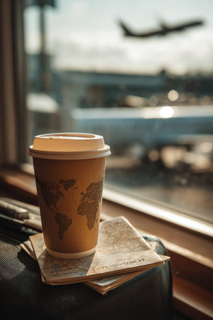 A paper coffee cup sits on a stack of documents near a window, with an airplane visible outside. The image utilizes natural lighting, enhancing the colors of the objects. The scene evokes travel and leisure, suitable for lifestyle, travel, or promotional content. The composition has a blurred background.の素材
