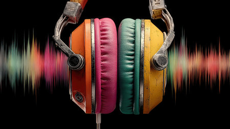 This image showcases a pair of headphones with vibrant orange and green earcups. The composition features a dark background, with colorful sound wave patterns emanating from the headphones. The visual elements suggest a dynamic audio experience. This image is suitable for various commercial and editorial projects.の素材