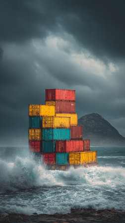 A stack of colorful shipping containers sits in turbulent ocean waters under a dramatic, overcast sky. The composition features a mix of reds, yellows, and blues, creating a visually striking contrast with the dark water and ominous clouds. This image could be suitable for various commercial and editorial projects.の素材