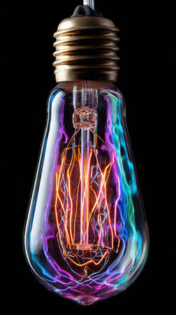 A close-up view captures an illuminated decorative Edison light bulb. The glass enclosure reflects a spectrum of colors with interior filaments glowing. The composition uses a vertical orientation against a stark black background. This image may be suitable for advertising or design projects.の素材