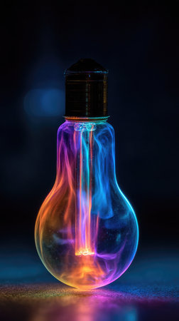 A stylized lightbulb filled with vibrant, swirling colors. The artwork features a gradient of orange, blue, and purple hues, suggesting light or energy. The composition, with a dark backdrop, highlights the glowing visual details. Suitable for various commercial and editorial applications related to creativity.の素材