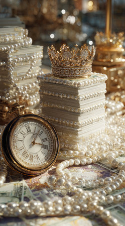 An ornate display features a golden crown atop a pearl-adorned object, with a vintage pocket watch in the foreground. The composition is rich with textures and tones, from the creamy pearls to the golden accents. This imagery could be used for editorial or commercial projects, conveying ideas of luxury and time.の素材