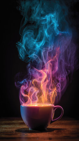 A white cup is filled with bright colorful smoke rising upwards. The smoke displays hues of orange, purple, and blue. The style appears digital and the lighting creates a mysterious ambiance. This image might be suitable for advertising, marketing, or editorial purposes.の素材