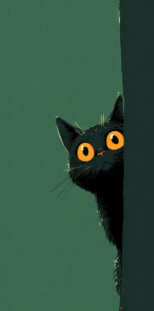 A cartoon illustration depicts a black cat with large, orange eyes peering from the side. The cat is set against a teal backdrop, with a dark vertical element suggesting a structure. The style is illustrative, and the composition lends itself to various uses, potentially suitable for promotional materials.の素材