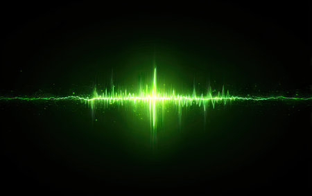 A striking visual features a glowing green sound wave pulsating across a black backdrop. The illustration showcases a stylized waveform with vibrant light effects, emphasizing energy and movement. This image could be used for multimedia, technology presentations, or various digital art projects.の素材