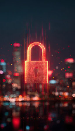 A glowing padlock graphic floats above a blurry cityscape at night. The image presents a vertical composition with red and blue light streaks and bokeh effects. The digital art style suggests concepts such as data security, safety, and modern technology. This image is suitable for use in various commercial projects.の素材