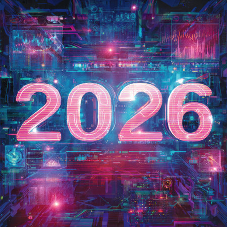 An artistic digital graphic depicts the year 2026 in bright pink numerals, overlaid on a complex background. This image features a vibrant composition with glowing neon colors, geometric shapes, and digital data streams. It is ideal for promotional materials related to future trends, technological innovations, and conceptual designs.の素材