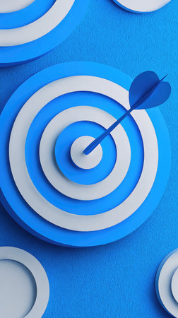 A blue dart strikes the center of a layered target, rendered in blue and white. The composition showcases a close-up perspective, highlighting the concentric circles and the dart's trajectory. This image employs a clean and modern aesthetic with soft lighting, suitable for illustrating themes like business objectives and strategic planning.の素材