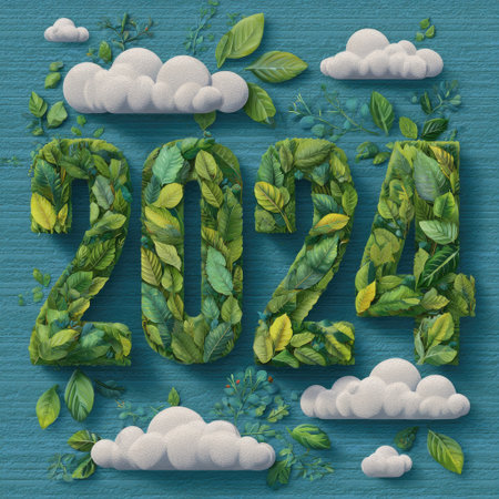 An artistic rendering displays the numerals of 2024, crafted from green leaves against a turquoise backdrop. Fluffy white clouds accent the scene, contributing to a natural, outdoorsy feel. The composition could be suitable for promotional materials, seasonal greetings, or digital artwork, offering versatile applications.の素材