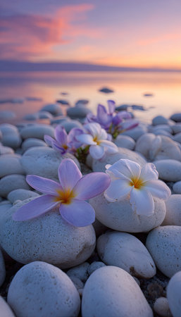 Close-up view features delicate flowers resting atop smooth, white stones. Pale purple and white blossoms contrast with the neutral tones of the rocks. A soft, blurred background suggests a tranquil coastal setting during a sunset. Suitable for nature-related articles or design projects, providing a serene aesthetic.の素材