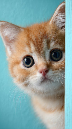 A curious orange kitten peeks around a solid light blue surface. The composition features soft lighting and a shallow depth of field. The kitten's fur is a warm orange color. This image may be used in commercial contexts for pet care, animal welfare, or similar themes.の素材