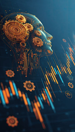 A futuristic representation features a human face integrated with gears, set against a backdrop of data graphs. The image showcases a blend of metallic gold and deep blue hues, with dynamic lighting that adds depth. Suitable for various commercial and editorial applications.の素材