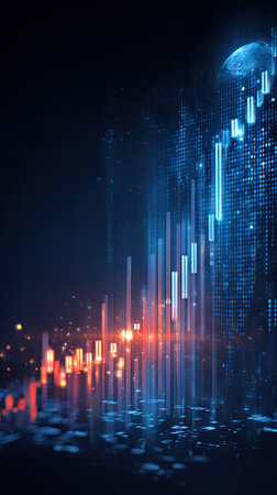 This image displays digital financial market data visualization with charts and graphs. The visuals present an abstract representation using colors like blue, red, and orange with highlights. This graphic could be suitable for various commercial applications, including presentations and promotional material related to business and finance.の素材