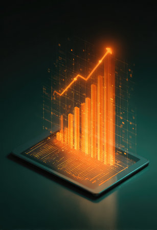 An illuminated bar graph emerges from a tablet, signifying financial growth. The image showcases vibrant orange and gold tones against a dark background. The composition suggests a technological or business setting, appropriate for commercial applications related to finance, data analysis, or investment.の素材