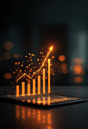 A digital bar graph is displayed on a dark background with an upward trending arrow. It uses warm orange tones and has a reflective surface, creating a modern and technological look. This graphic illustration may be suitable for use in marketing, presentations, or various business-related publications. The image evokes concepts of economic progress and success.の素材