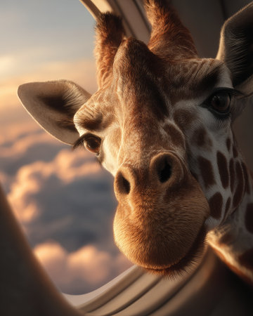 A close-up presents a giraffe peering through a window at a cloudy sky. The image highlights the animal's face with a mix of warm and cool tones. The lighting suggests an outdoor setting, potentially at dawn or dusk. Suitable for advertising and illustrative projects.の素材