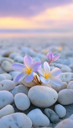 Two plumeria flowers with white and purple petals are the focal point, nestled amidst a bed of smooth, white pebbles. The photograph showcases a soft, pastel color palette with a blurred, warm-toned background suggestive of a sunset. Ideal for use in editorial content or visual designs, the image evokes feelings of tranquility.の素材