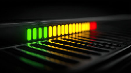 A close-up shot presents a digital level indicator displaying various colored bars against a dark backdrop. The visual features a progression of green, yellow, and red hues. The composition includes a blurred foreground, suggesting a technological or industrial context. This image could be used for illustrations related to performance or data visualization.の素材