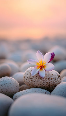 A single, vibrant flower rests on a textured stone, set against a backdrop of smooth, rounded rocks. The composition features a soft, blurred gradient of colors in the background, suggesting a sunrise or sunset. This image is suitable for various commercial uses, including print and digital media.の素材