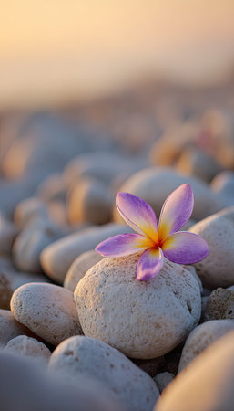 A vibrant plumeria flower, with purple and yellow petals, sits atop a rounded stone. The image showcases a shallow depth of field, with soft sunlight illuminating the flower and the surrounding pebbles. This serene scene, set in a natural environment, could be used for various commercial and editorial purposes.の素材
