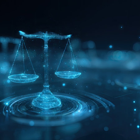 A stylized illustration depicts a scale of justice rendered with glowing blue light. The composition features a futuristic design with circular patterns and abstract glowing elements. The lighting suggests a dark setting, possibly indoors. This image may be useful in editorial or commercial projects related to legal themes.の素材