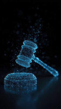 A digital illustration features a gavel and its base, rendered with a network of blue particles. The artwork highlights a modern interpretation of law and justice concepts. Set against a deep black background, the image uses dramatic lighting to create a sense of depth and emphasizes the subject's digital style, suitable for editorial or commercial projects.の素材