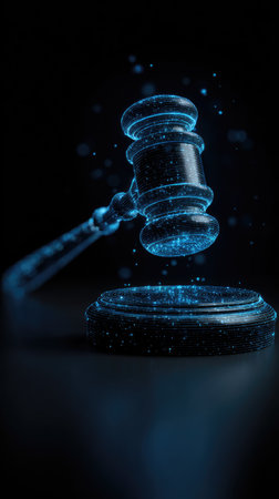 A glowing digital gavel is depicted against a dark background, composed of interconnected data points. The illustration highlights a legal symbol using light and shadow, with a focus on a modern technology theme. This image is suitable for legal, technological, and business presentations, as well as advertising.の素材