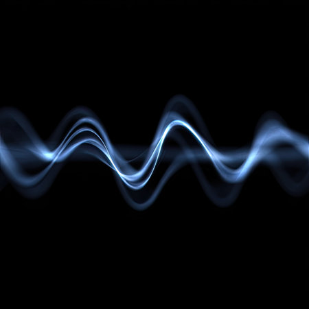 A dynamic, abstract artwork displays flowing, glowing lines against a stark black backdrop. The cool blue hues create a sense of energy and movement. This modern composition, with its visual rhythm and contrast, is well-suited for various design projects, including those related to technology and science.の素材