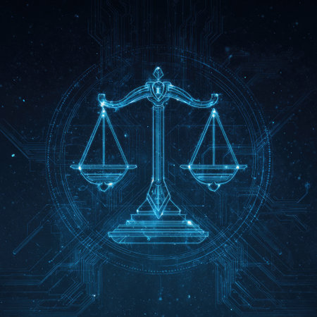 A digital illustration features a justice scale symbol prominently displayed against a circuit board background. The composition uses a cool blue color scheme, creating a technological and modern atmosphere. The image suggests legal themes and could be used in various commercial contexts.の素材