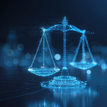 A stylized representation depicts scales of justice composed of glowing blue lines and points. The image has a futuristic aesthetic against a dark background, suggesting a digital or technological theme. This visual could be used in projects related to legal concepts, technology, or design for various commercial applications.の素材
