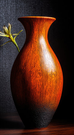 A detailed studio shot presents a tall brown vase with a slight taper. A delicate white flower with green stem emerges from the vase. The smooth texture of the vase contrasts with the background. This image could be used for home decor, design, or artistic projects.の素材