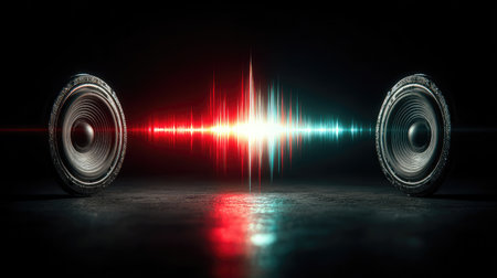 Two speaker units are positioned symmetrically, projecting a vibrant display of red and cyan sound waves. The image highlights the visual representation of audio, showcasing energy and motion. The composition uses dramatic lighting, creating a contrast against a dark background. Suitable for music, technology, and entertainment-related projects.の素材