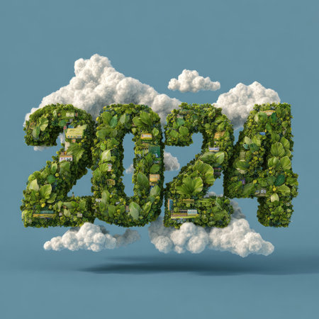 The image features the numbers 2024, formed from green leaves. White, fluffy clouds are positioned around the numbers, set against a blue background. The composition uses soft lighting and textures. Suitable for environmental, business, or calendar-related projects.の素材