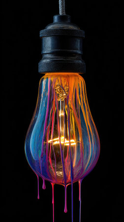 A close-up showcases a lightbulb with dripping paint, creating a vibrant display. The lightbulb's glass is covered with a spectrum of colors, contrasting against the solid black backdrop. This image could be used for artistic concepts or promotional materials, highlighting creativity and design.の素材