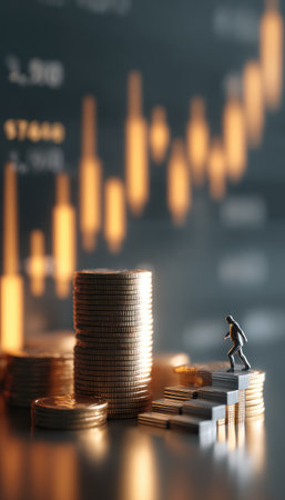 A stack of coins, along with a small figure on a stack of other coins, sits prominently in the foreground against a blurred backdrop of financial data. The image has a shallow depth of field, employing warm lighting. This composition could be used for presentations on investments, economic concepts, or financial reporting.の素材